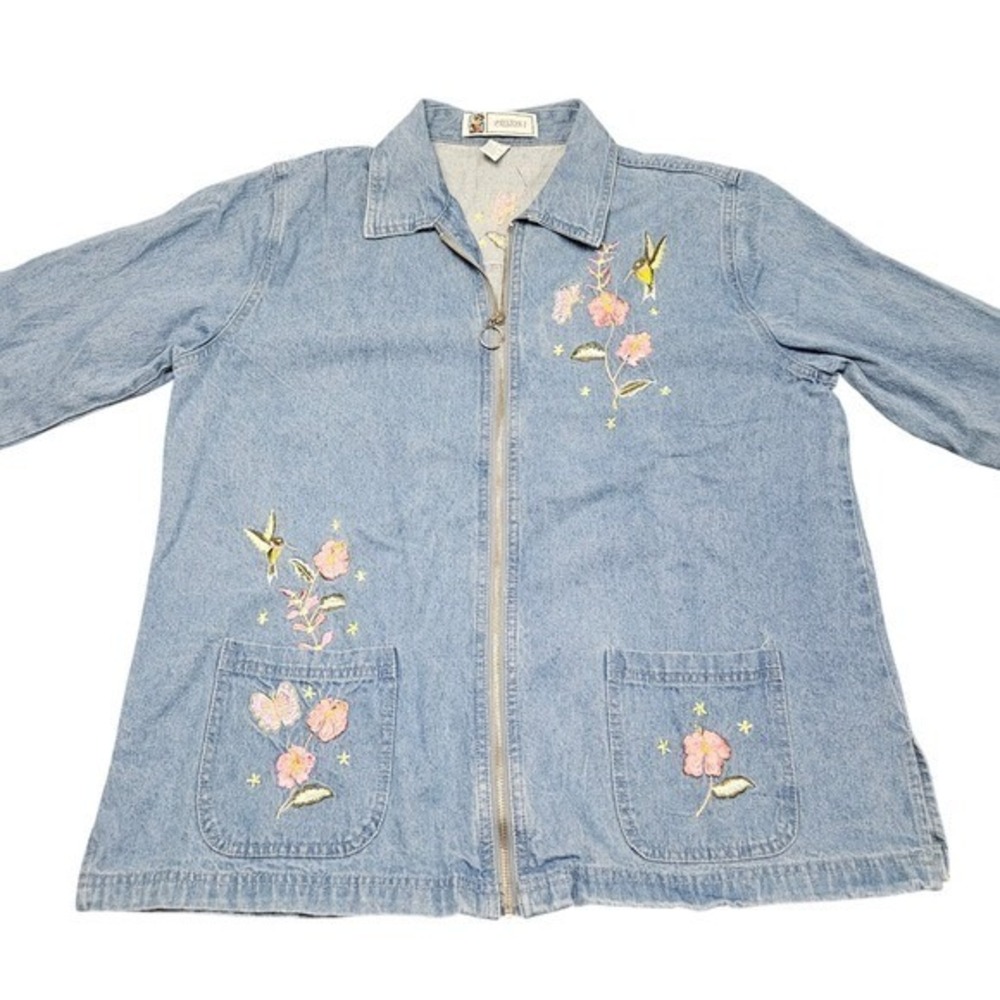 Vintage Cottage Jacket Denim Womens L Blue Embroidered Hummingbird Floral Zip Up